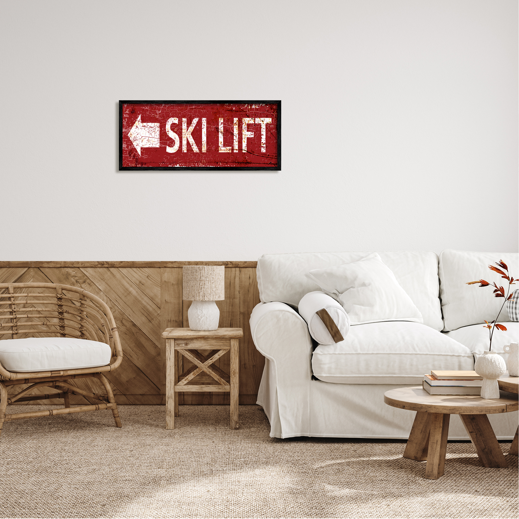 Stupell Industries Ski Lift Arrow Pointing Left Sports Painting Black Framed Art Print Wall Art, 30 x 13