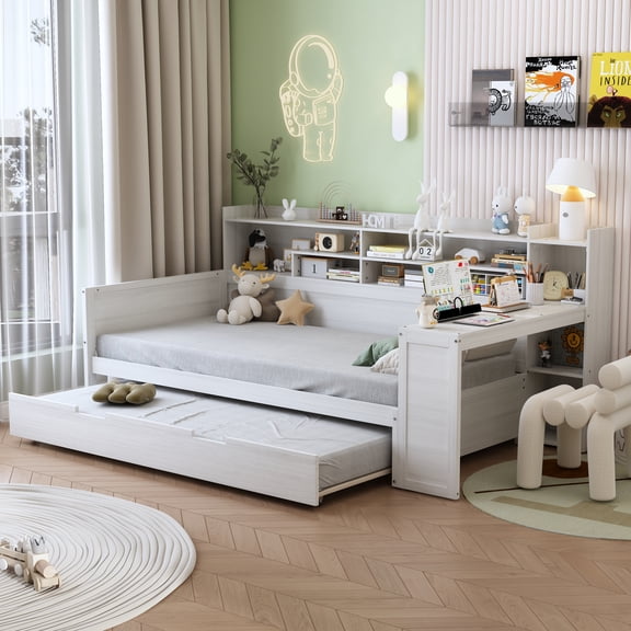 Wooden Twin Size Daybed with Storage Shelves, Multi-functional Bed with Twin Size Trundle Bed and Study Desk, Antique White