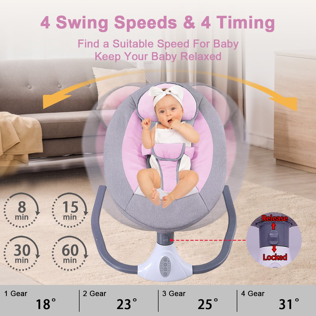 Hurber Electric Baby Swing, Infant Bouncer Chair with Remote Control, Bluetooth Music, 12 Lullabies, 4 Speeds, 4 Timing Set, Unisex, Pink