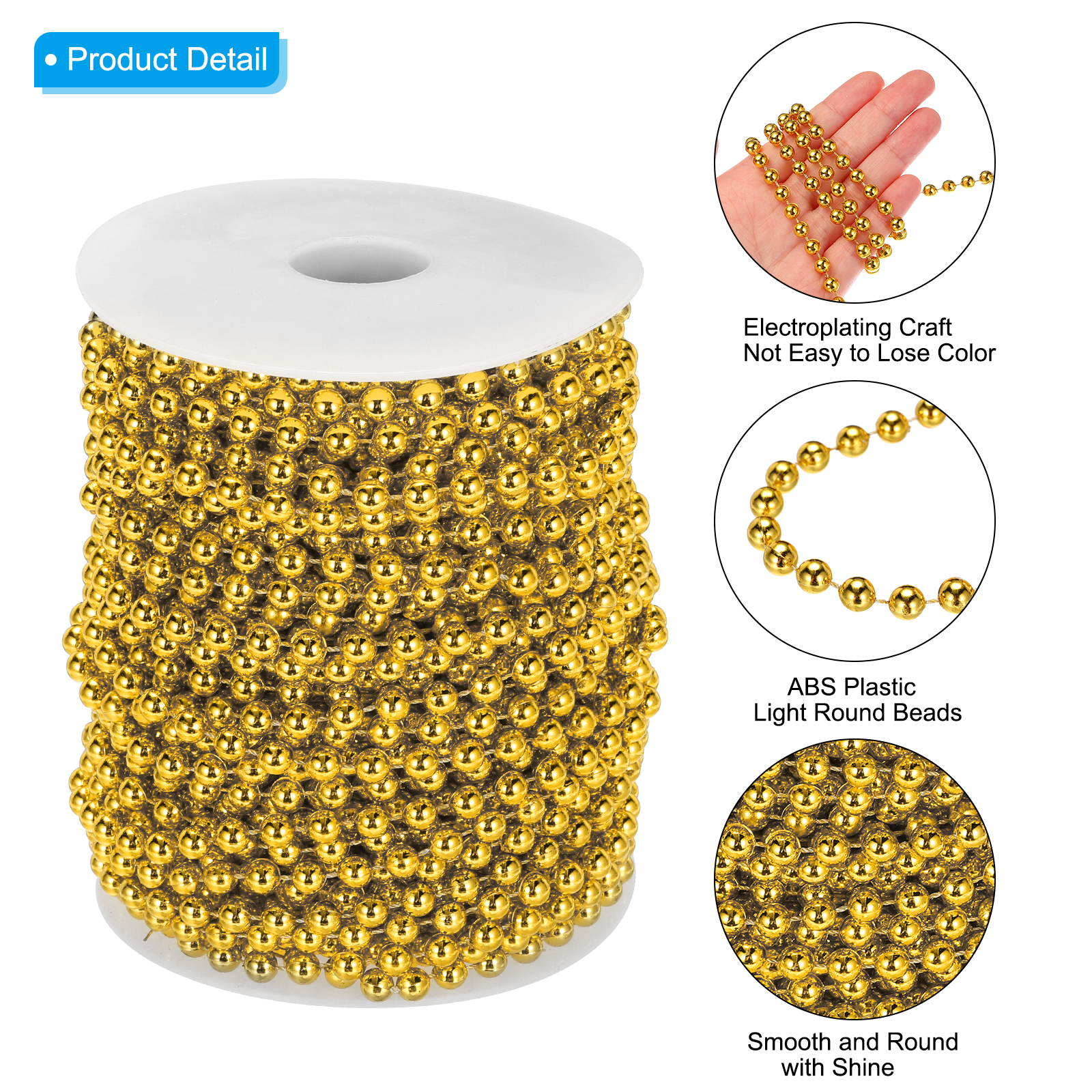 Uxcell 6mm 82Ft Pearl Beads Garland,Faux Pearl Strands Roll Spools for DIY,Gold