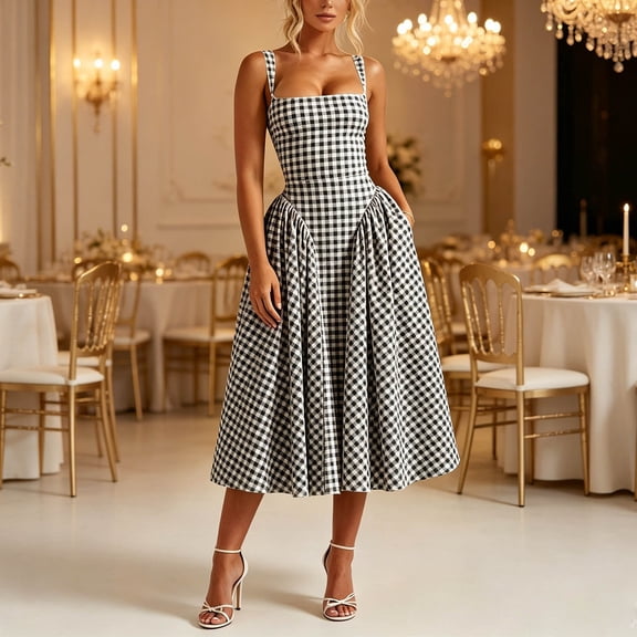 IUYRTFE Women's Square Neck Gingham Midi Dress Sleeveless Fit and Flare Summer Elegant A Line Dress