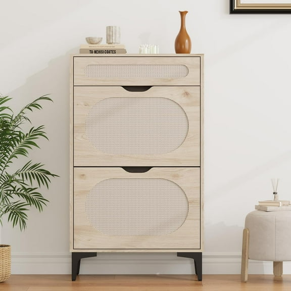 Rattan Shoe Cabinet with 2 Flip Drawers & 1 Pull-Out Drawer – Free-Standing Shoe Storage Cabinet with 3-Position Adjustable Shelf, Narrow Shoe Cabinet for Entryway/Porch, Oak