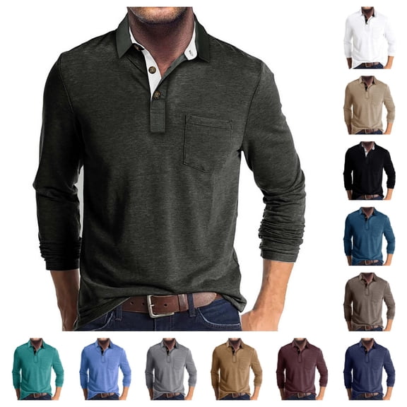 Polo Shirt Men Cotton Blend Casual Long Sleeve T-shirts Shirt Washed Distressed Solid Slim Fit Jersey Shirt Dark Gray XXXL