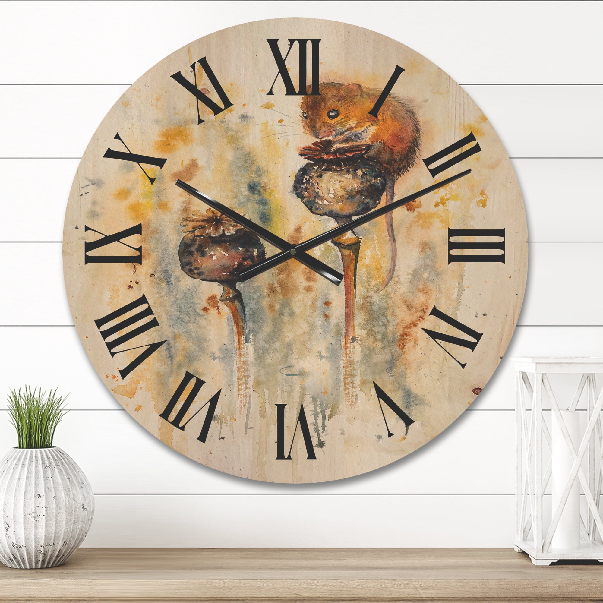 Designart 'Little Mouse Sitting On Poppies' Traditional Wood Wall Clock