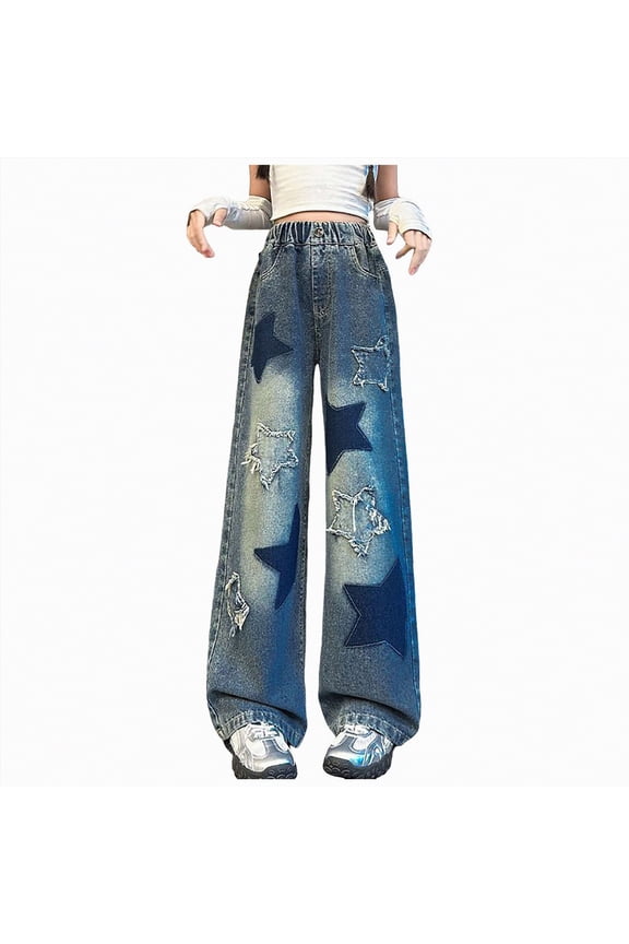 Girl's High Waisted Straight Leg Button Jeans Casual Pocket Denim Pants Blue,10-12 Y