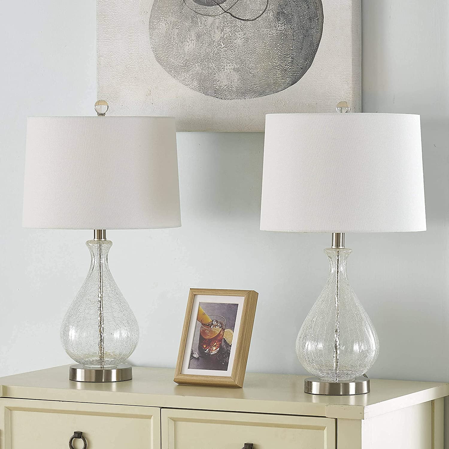 Clear Glass Teardrop Table Lamp Set with White Linen Shade