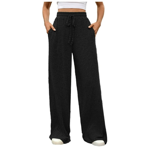 Lounge Pants for Women, High Waist Knit Pants with Brushed Fleece Lining, Loose Straight Leg Casual Pants