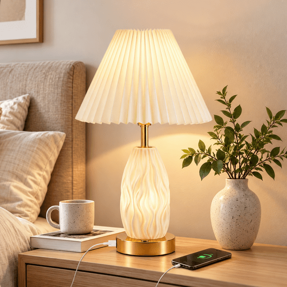 GVDV HOME 17.5" Table Lamp with USB A&C Ports and Night Light, Touch Control 3 Way Dimmable Bedside Lamp, for Bedroom Living Room Office, Beige