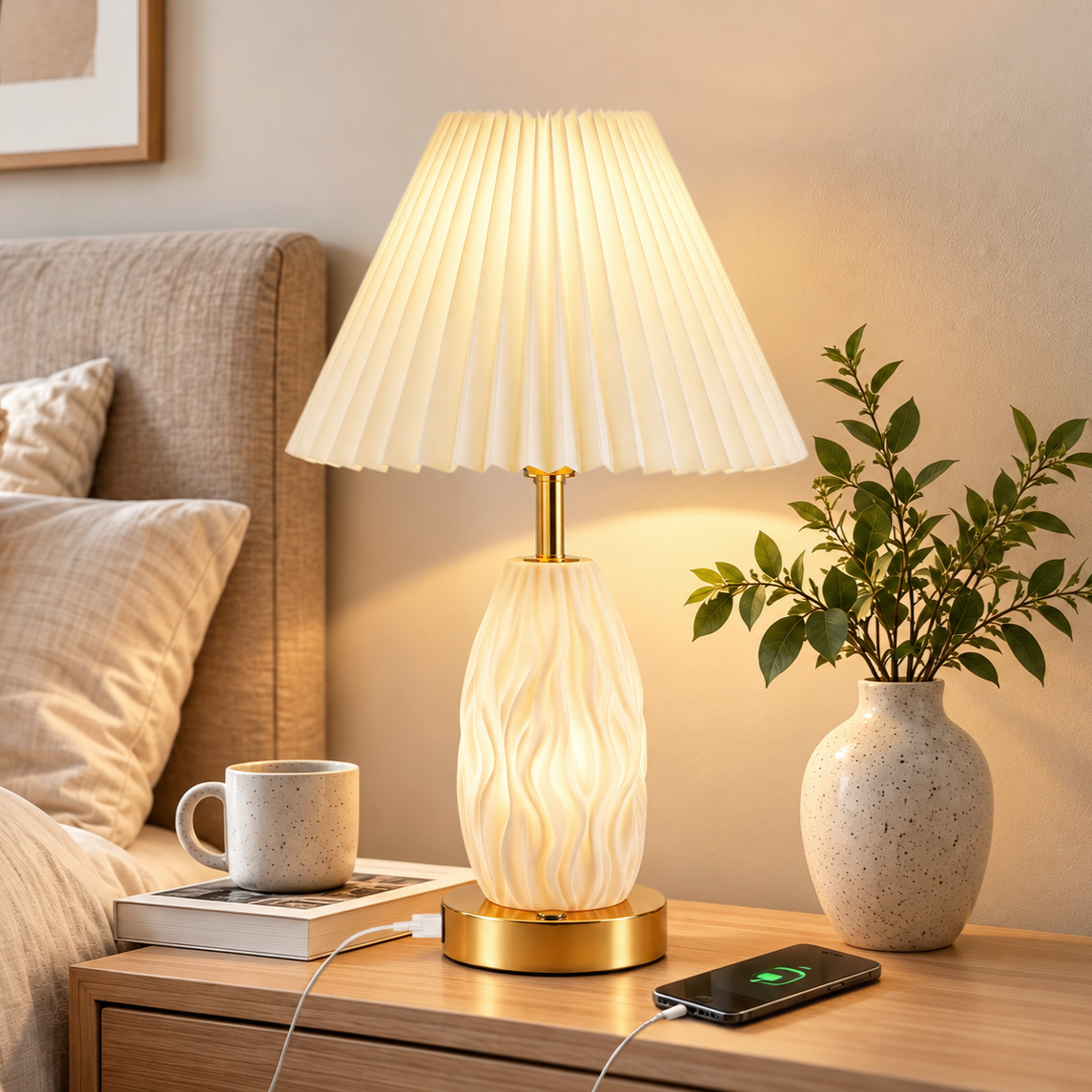 GVDV 17.5 In Touch Control Table Lamp, USB Charging, Beige photo 1