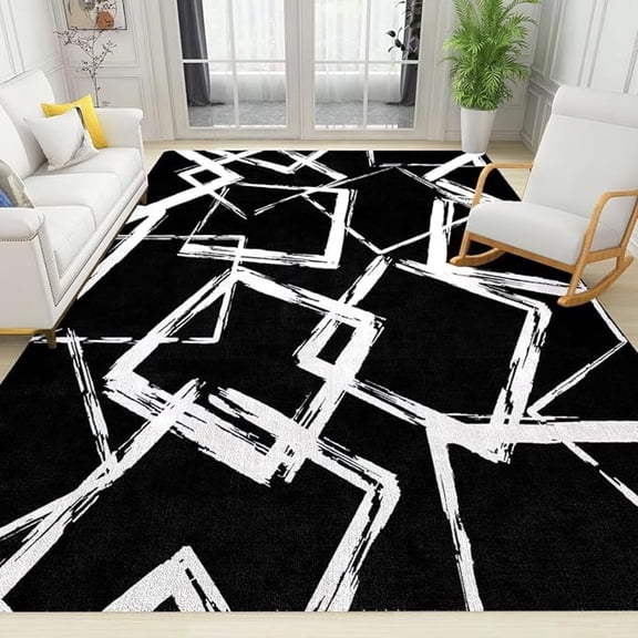 Black And White Square Pattern Soft Washable Carpet, Abstract Geometric Line Art Upholstery Rug With Non-Slip Backing For Bedroom Living Room Dining Room Study 3x4ft