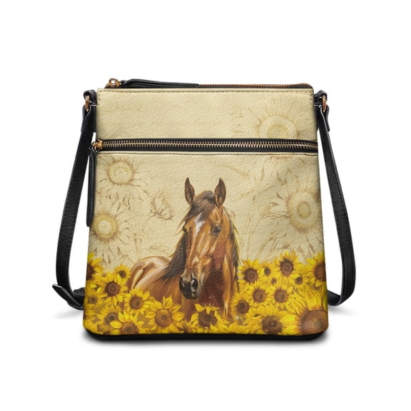 HELLHERO Horse and Sunflower Pattern Shoulder Purse Sling Bag, Waterproof Stylish Women's Crossbody Bag Zipper Closure for Travel Use Dating