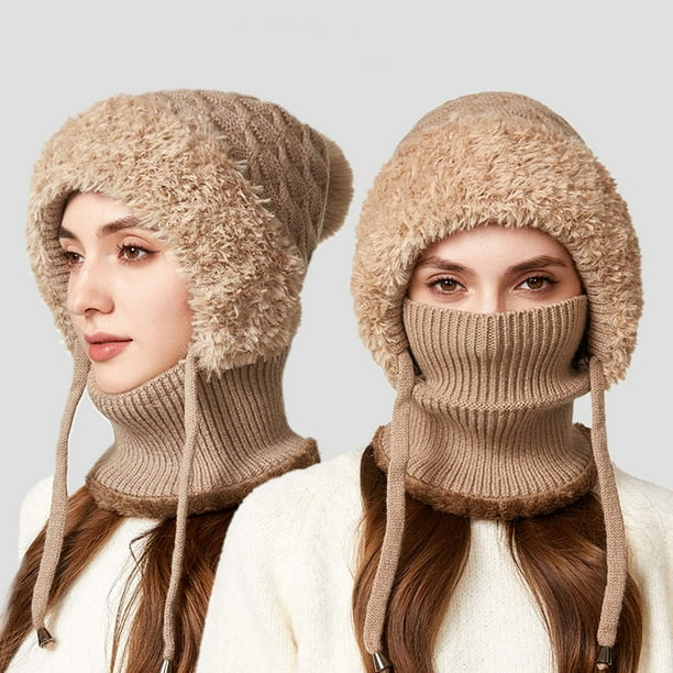 Gorro de punto 3 en 1 mejorado con bufanda y mascarilla | Pasamontañas de invierno con forro polar para mujer | Cubrebocas de punto resistente al viento y cálido