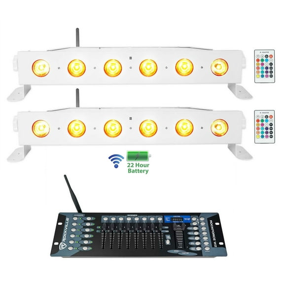 2) Rockville BEST STRIP 60 White Rechargeable Light Bars Wireless DMX Controller