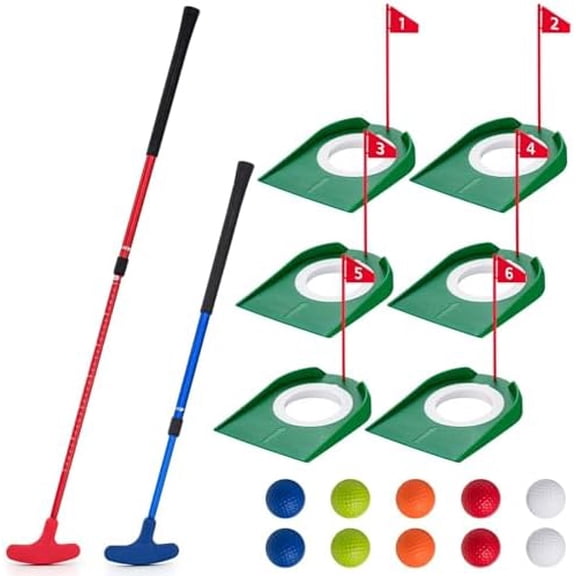 Mini Golf Putting Set Include 2 Golf Putter Adjustable Length 2 Way for Right or Left Handed Golfers 10 Practice Balls 6 Putting Cup with Flags for Kids Indoor Gift Office Tournament