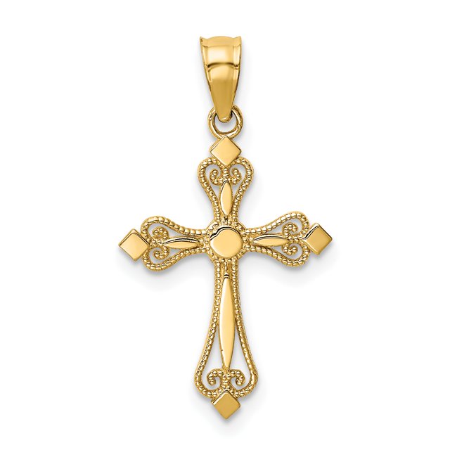 14k Yellow Gold Small Budded Cross Necklace Charm Pendant Religious