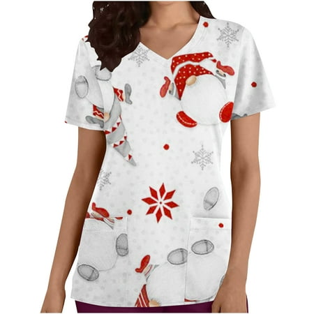 

Scrub Tops Women Christmas Short Sleeve Gnome Working Uniform Shirt V Neck Comfy Breathable Scrub Tops with Pockets