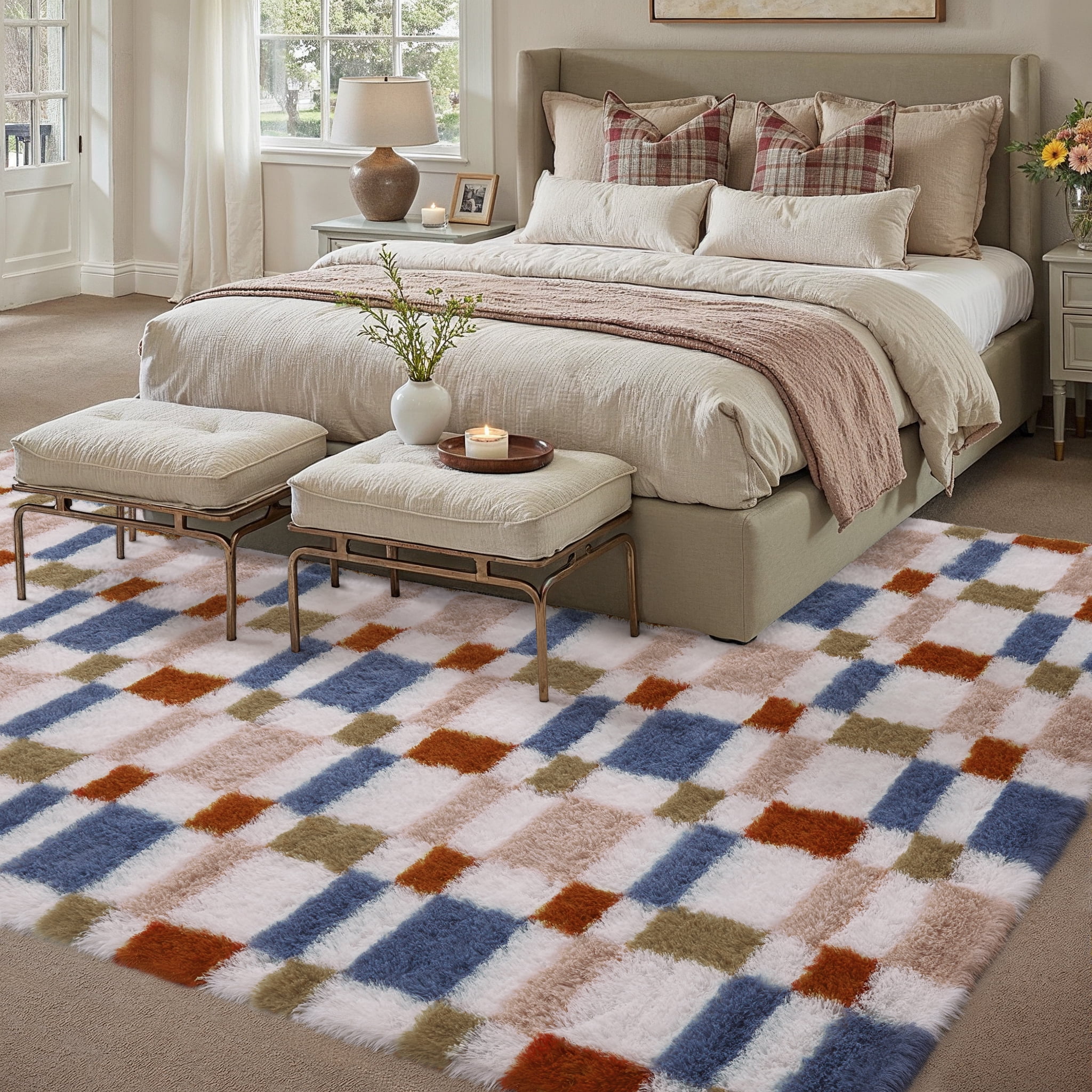 BERTHMEER 5'x8' Checkered Rug for Living Room, Modern Colorful Checkerboard Shag Rug Non-Slip Area Rug Soft Indoor Fluffy Rugs for Bedroom Carpet Home Dorm Aesthetic Decor