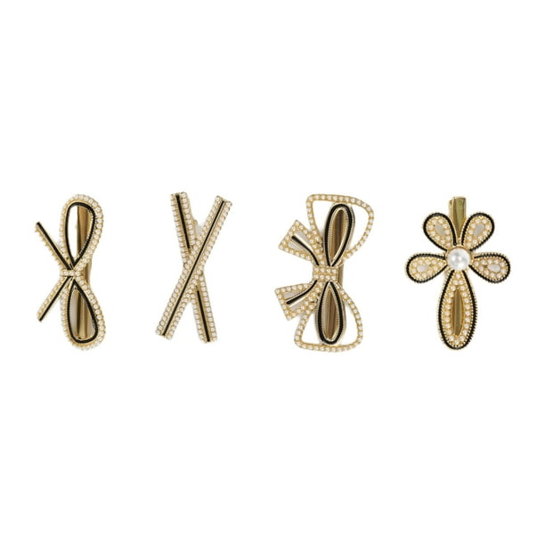 4 Piezas de Clips para el Cabello de Moda con Lazo y Perlas Falsas para Niñas en Tonos Dorado, Negro y Blanco