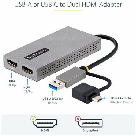 ディスプレイアダプター　ＵＳＢ−Ｃ＆ＵＳＢ−Ａ接続　デュアルディスプレイ　１１ｃｍ　グレー　１０７Ｂ−ＵＳＢ−ＨＤＭＩ　１個（お取寄せ品)
