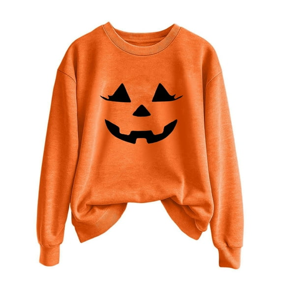 Safufu Halloween Printing Sweater Women Autumn And Winter Solid Color Crew Neck Long Sleeved Pullover Top for daily causal outfits
