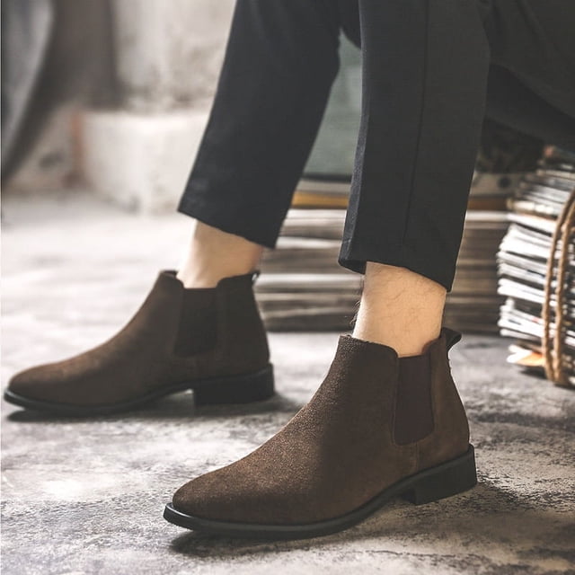Botas Chelsea para hombre, botas Martin de caña media, de cuero genuino, con tacón alto y sin cordones, botines para hombre S18-J