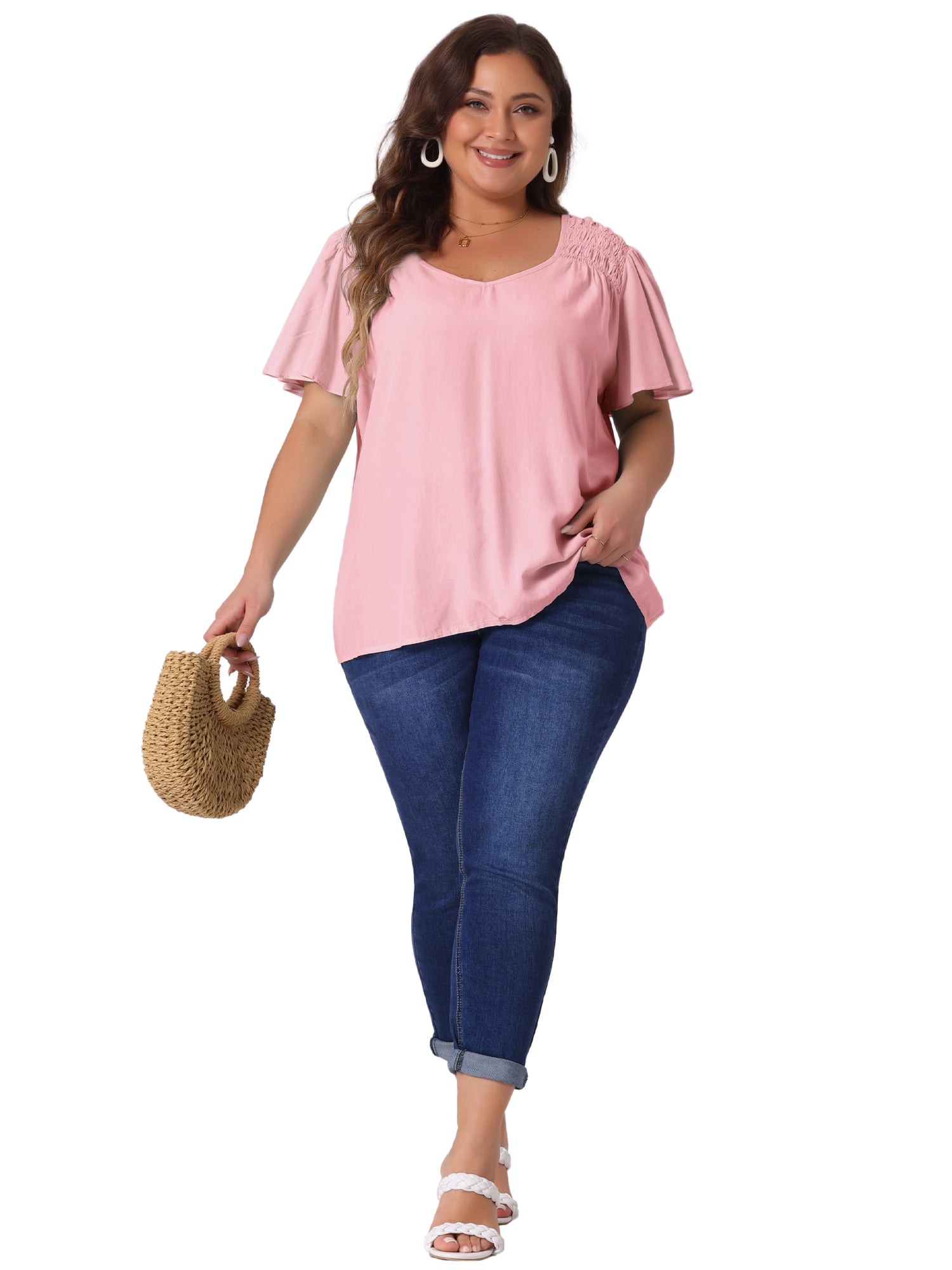 DARING DIVA Women's Plus V Neck Ruffle Sleeve Smocked Shoulder Blouse 4X Pink