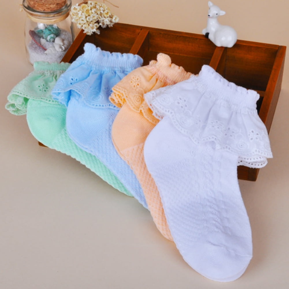 HN Kids Girl Solid Color Lace Trim Breathable Mesh Short Cotton Socks Clever 