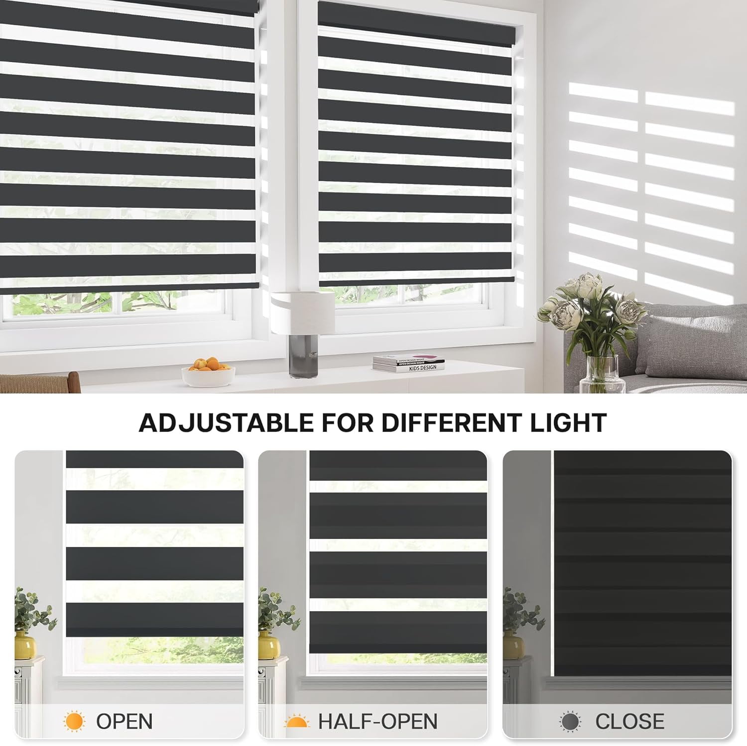 LazBlinds Cordless Zebra Blinds for Windows - Dual Layer Light Filtering & Blackout Roller Shades, Free-Stop Lift System, No Drill Easy Install, Day & Night Privacy with Valance, 31"W X 72"H, Black