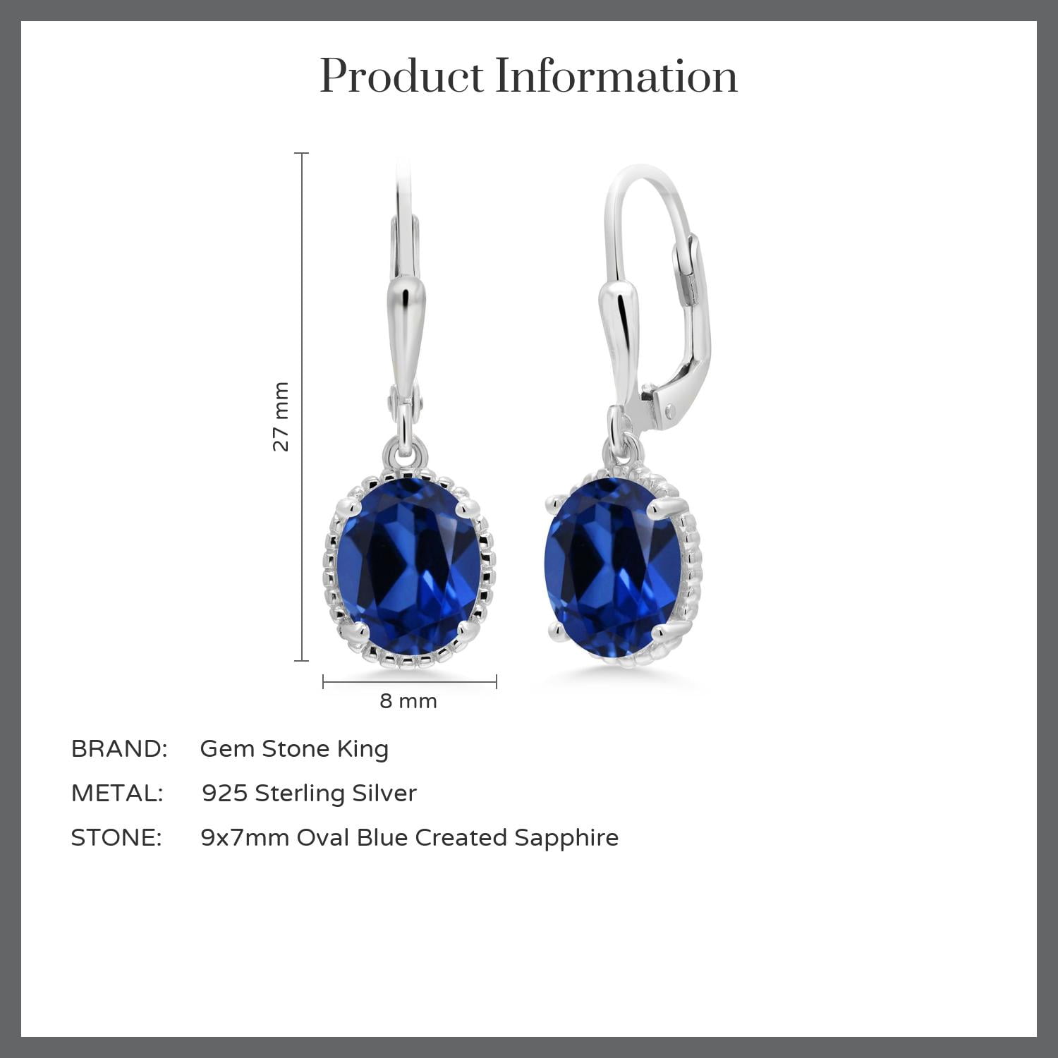 Gem Stone King 925 Sterling Silver Blue Created Sapphire Leverback Dangle Earrings for Women (4.60 Cttw, Gemstone September Birthstone, Oval 9X7MM)