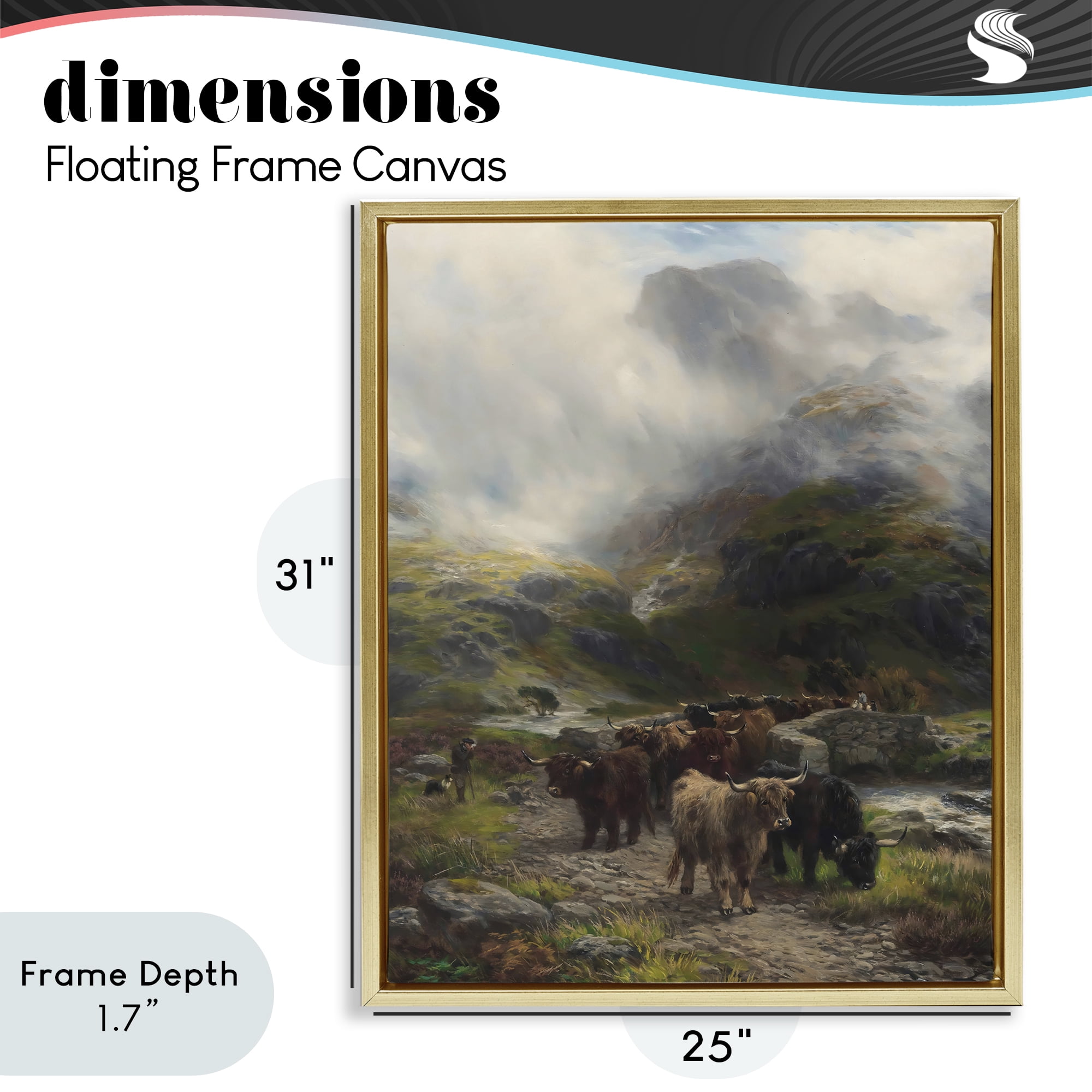 Stupell Industries Moody Highland Cows Herd Gold Framed Floater Canvas Wall Art, design by Arlington Prints