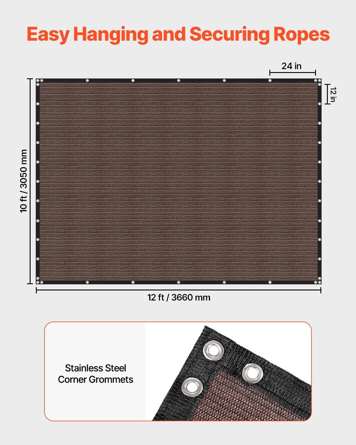 10x12ft 90% Sun Shade Cloth - 140GSM HDPE Pergola Cover w/Stainless Grommets - Brown Privacy Screen for Patio, Garden & Backyard