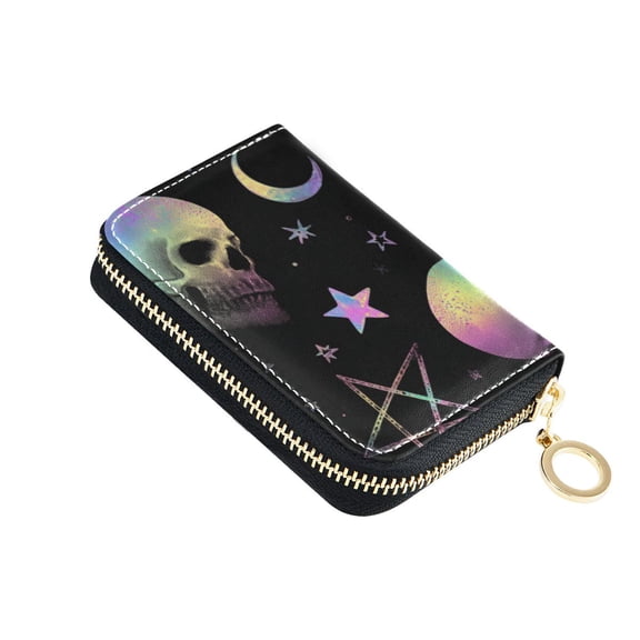 Neon Skulls Stars Moon Halloween Women's Credit Card Holder PU Leather Zipper Wallet RFID Blocking