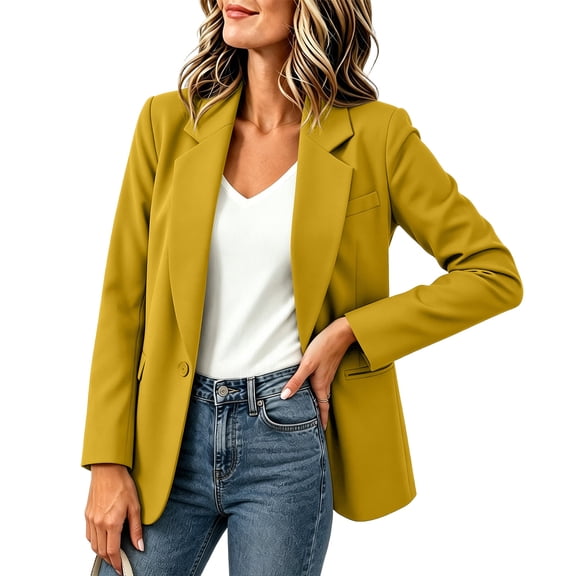 Zivyakyron Fall Womens Blazers Dressy Short Long Sleeve Womens Jackets Solid Classic Evening Loose Outerwear Yellow S
