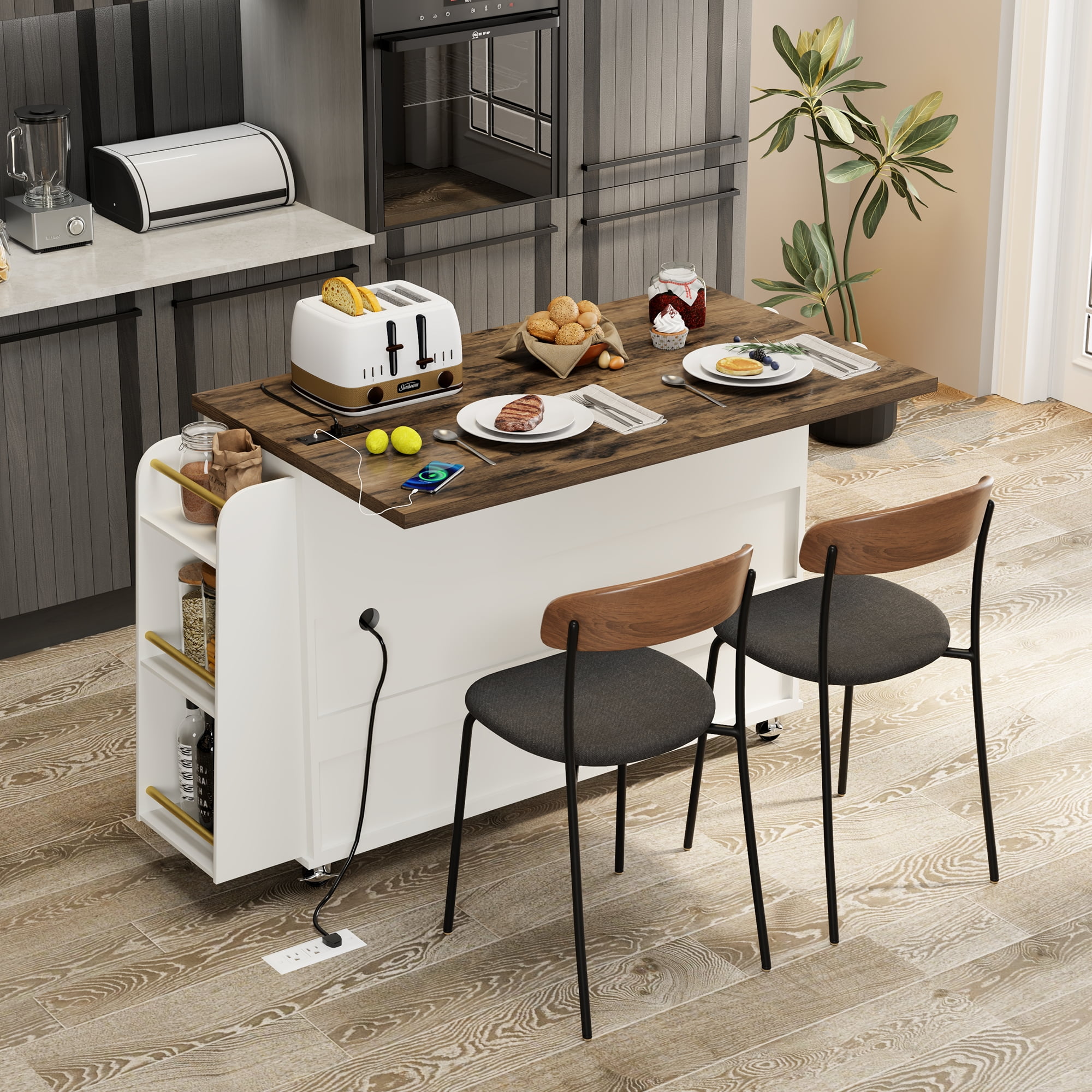 Multifunctional Kitchen Island Cart with Electrical Outlet, Drawers & Wheels – Mobile Storage & Prep Station for Small Spaces, Brown & White