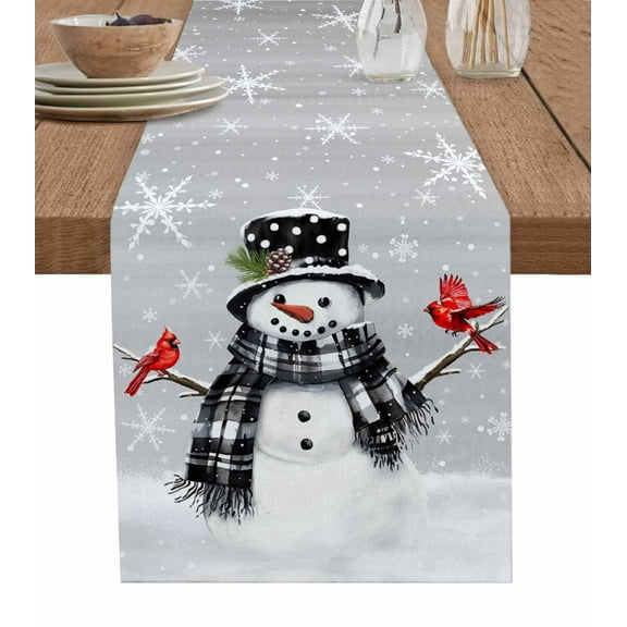 Table Runners 70 Inches Long Dress Scarves, Grey Snowman Christmas Farmhouse Coffee/Dining/Kitchen Table Decor, Holiday Table Runner, Xmas Snowflake Birds 13x70 Inch