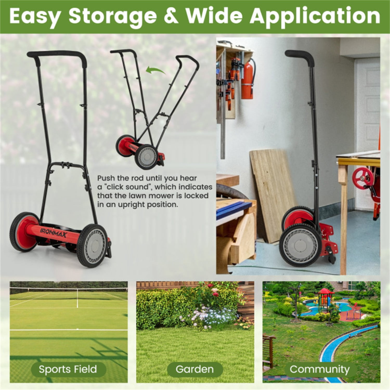 16 Inch Push Lawn Mower with Grass Catcher Bag-Red