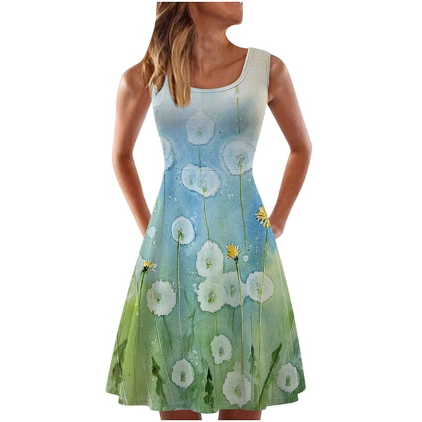 Vestido sin mangas informal sin mangas para mujer, vestido con cuello redondo y estampado floral de verano para la playa Pompotops ghjkhdj1621