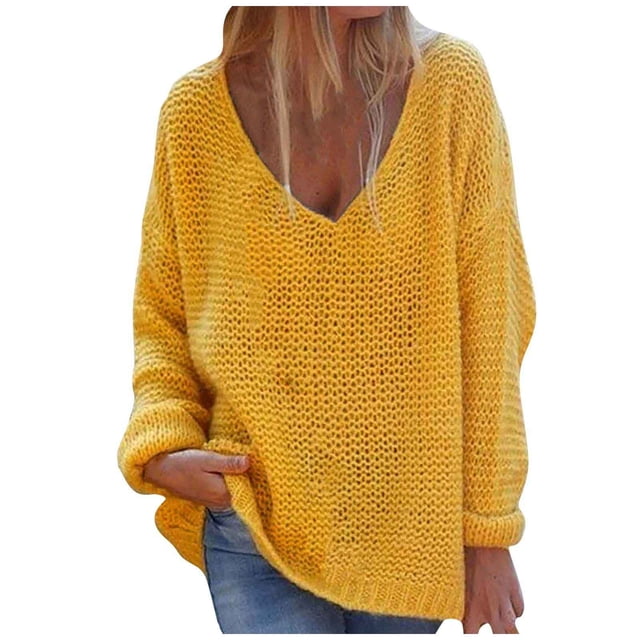 Hauts de Mode pour Femmes, Chandail Ample à Col en V, Couleur Unie, Manches Longues
