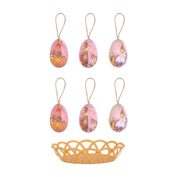 6 huevos de Pascua con canasta para decorar, ideales como regalo de fiesta. Impresión de doble conejito