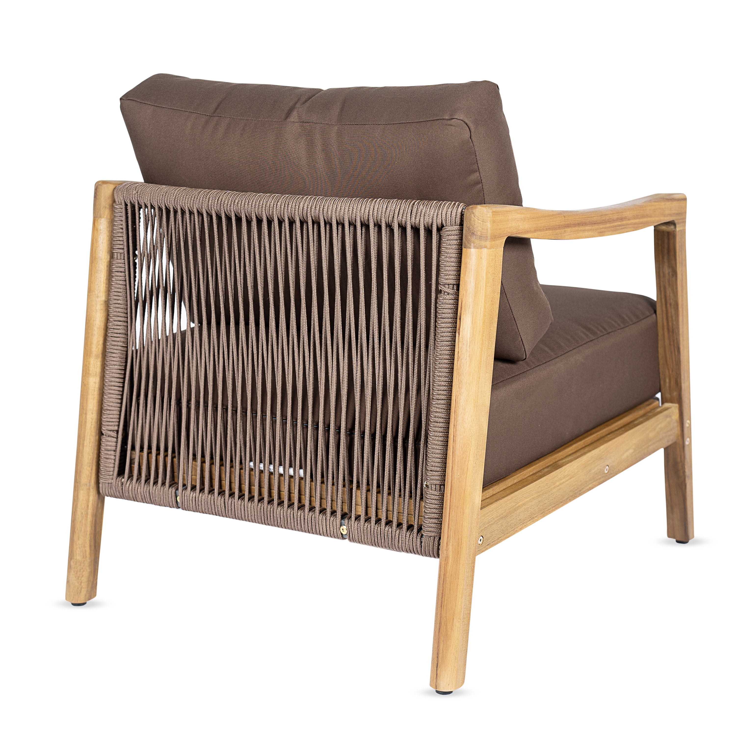 Club Chair, Outdoor Acacia Wood Frame Chair with Rope Back Detail Water-Repellent Brown Cushions, Teak