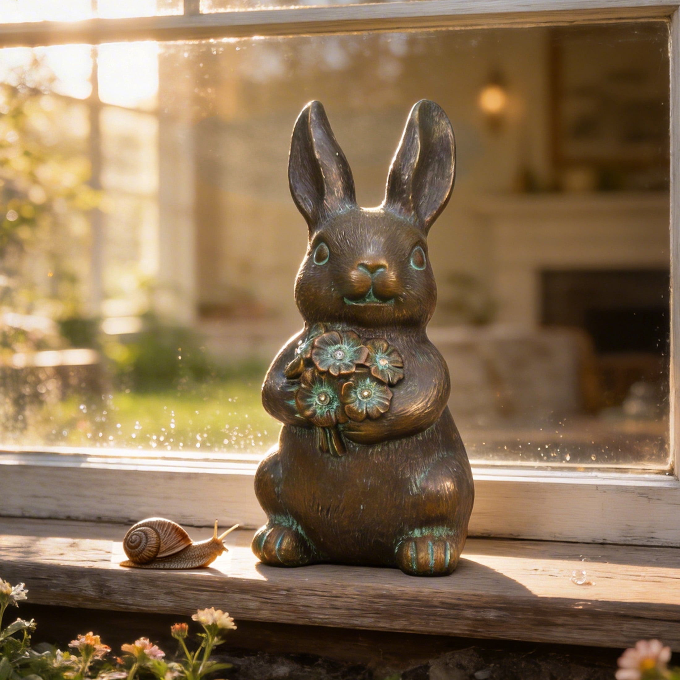 The Growing Ground Solar Bunny Garden Statue with LED Light, Outdoor Resin Rabbit Decor for Lawn, Patio, Bronze