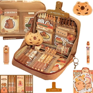 Cute Capybara Pencil Case with 12 Compartments 90° Wide Opening Mouth Pencil Pouch with Kawaii Pins Plush Cute Stationery