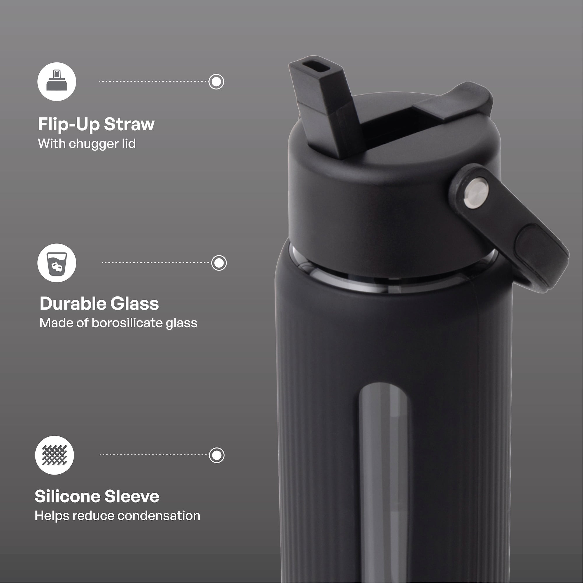 TAL 24oz Glass Willow Water Bottle with Flip-up Straw and Handle, Black