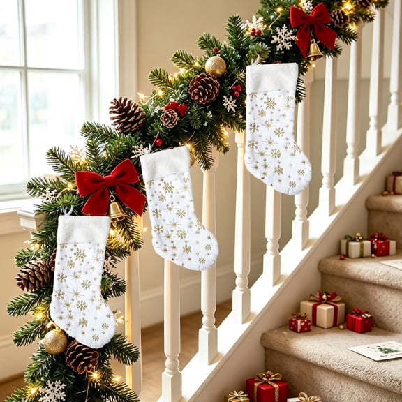 Christmas White Snowflake Stockings, 18"Large Super Soft Knitted Xmas Stocking for Kids, Christmas Decoration Holiday and Family Stocking for Fireplace Christmas Holiday Party Decoration