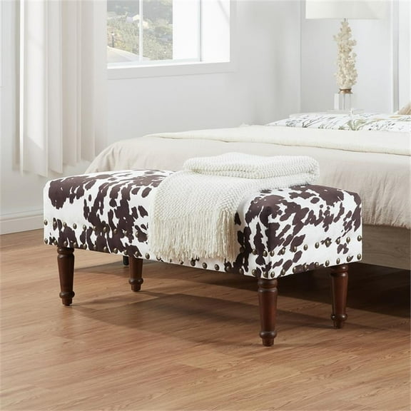 Pemberly Row Cow Print Bench with Nailheads in Brown and White Fabric
