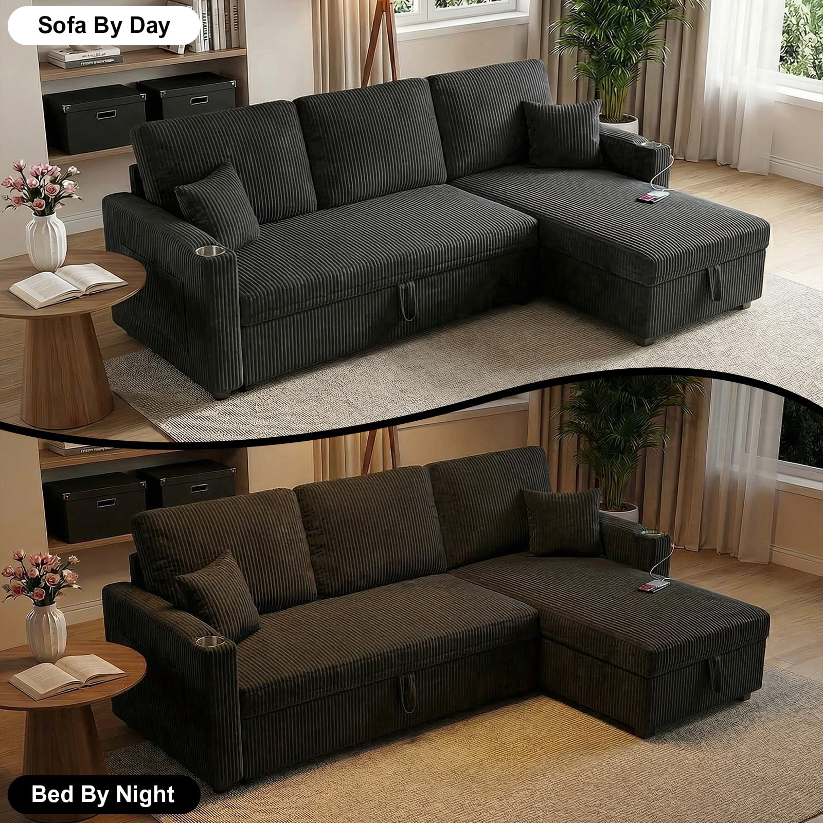 LLappuil Sectional Sofa, 84" Sectional Couch with Storage Chaise, Small Desktop, Cup Holders, Charging Port Convertible Sofa Bed, Corduroy Pull Out Sofa Bed for Living Room Black