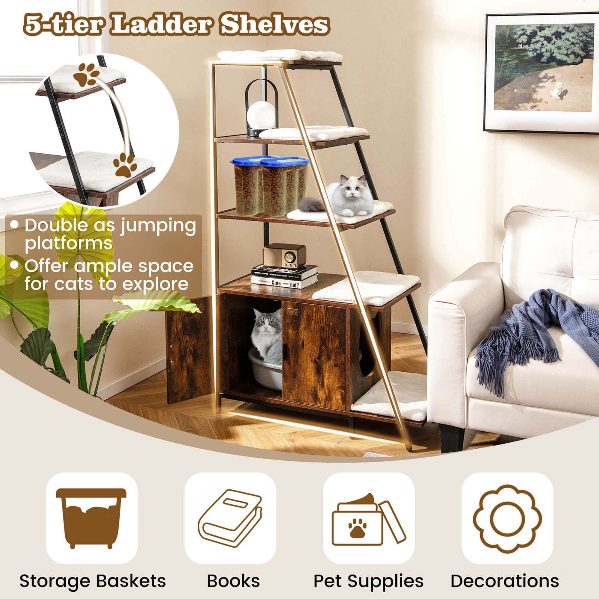Costway Large Cat Litter Box Enclosure 2-in-1 Hidden Cat Washroom Furniture with Storage Brown
