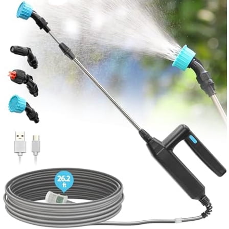 Battery Powered Garden Sprayer Wand, 32 Inch Telescopic With 26.2 FT Hose, 7.4V Rechargeable Electric Watering Handle, 3 Adjustable Nozzles & Filter for Weed, Lawn, Yard