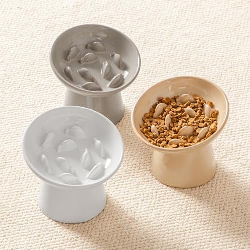 Ceramic Slow Feeder Cat Bowl, 6.25 Inch Elevated Cat Slow Feeder Bowl, Anti Vomiting for Dry and Wet Food, Brown