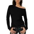 thumbnail image 2 of Women's Slanted Shoulder Pleated Long Sleeve Shirt Tops Blouses Tees Solid Color Loose Fit Casual Daily Wear Business Office Vacation Fashion Essential for Women | Sopatenor,Black XL, 2 of 7